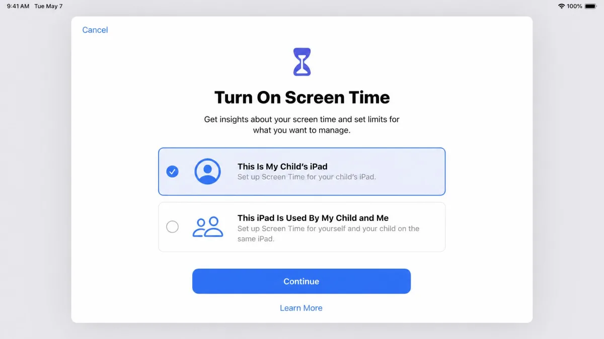 The Turn On Screen Time screen in iPadOS with the This Is My Child's iPad option highlighted on the child's device.
