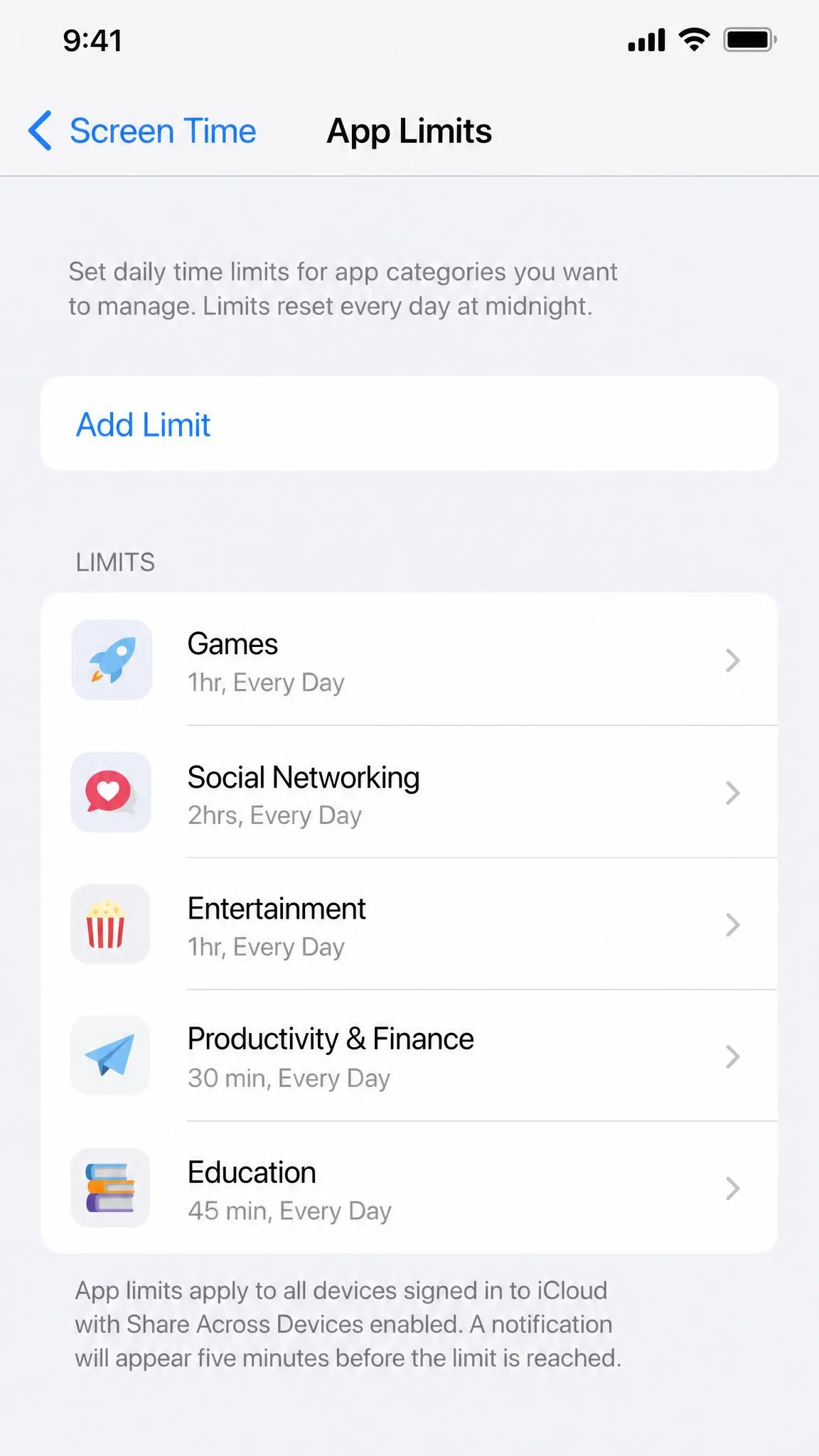 The App Limits screen on an iPhone with the Add Limit button and app categories like Games and Social Networking.