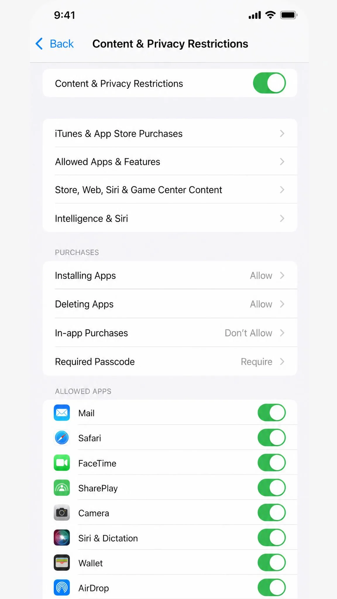 The Content & Privacy Restrictions screen on an iPhone with purchase controls and the allowed apps list.