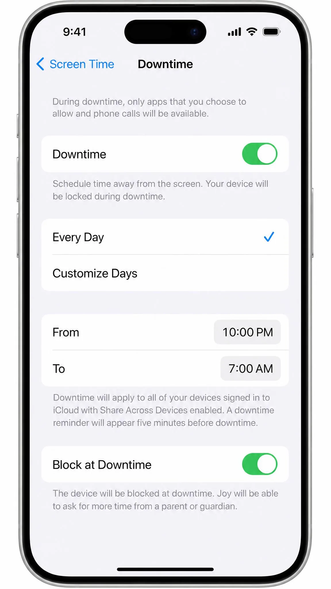 The Downtime schedule screen on an iPhone with a nightly window and the Block at Downtime toggle.