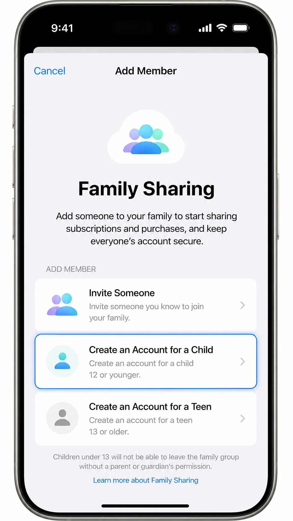 The Family Sharing Add Member screen on an iPhone with the Create an Account for a Child option highlighted.