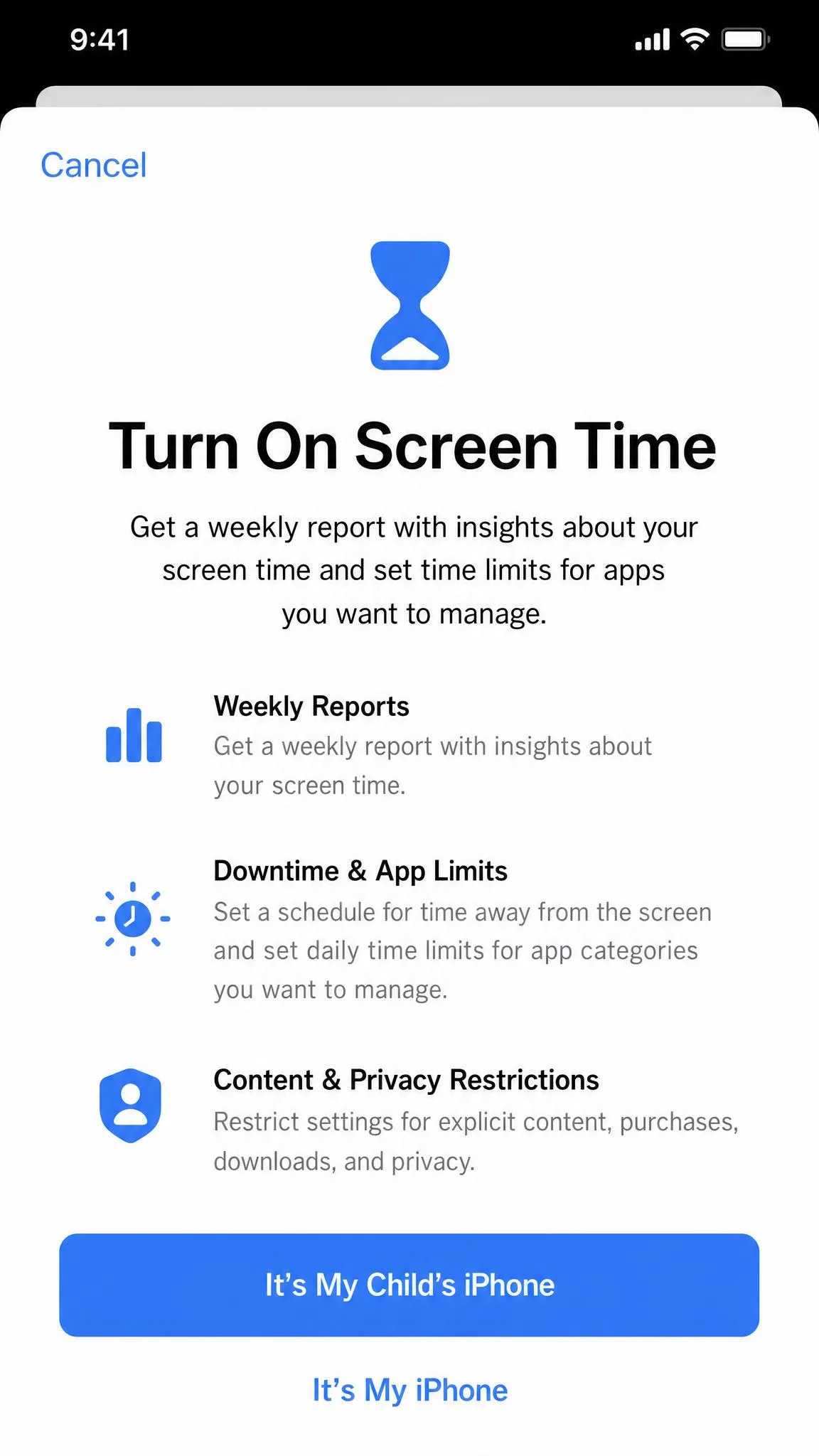 The Turn On Screen Time screen on a child's iPhone, showing the It's My Child's iPhone option.