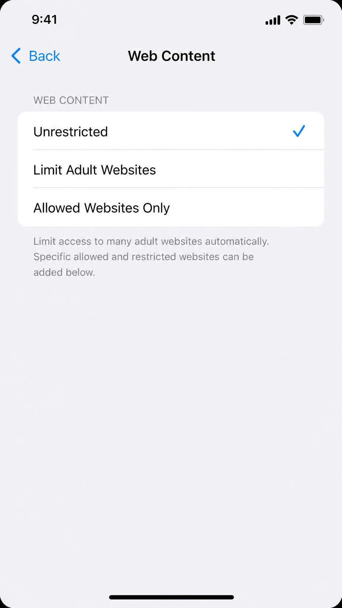 The Web Content settings on an iPhone showing Unrestricted, Limit Adult Websites, and Allowed Websites Only.