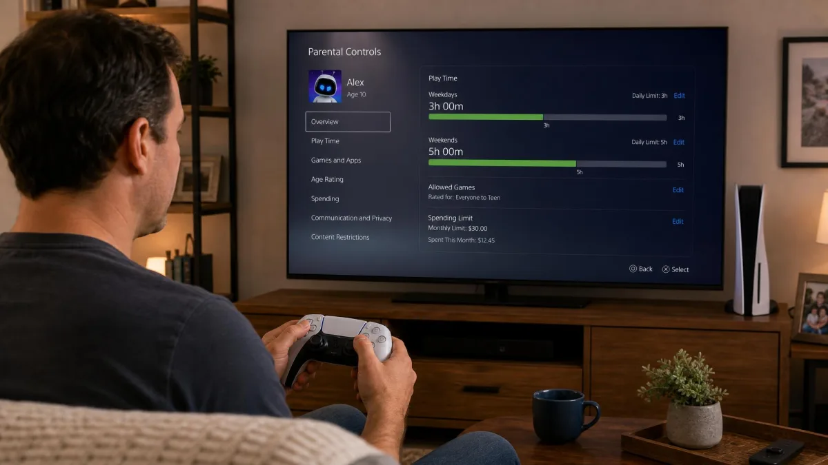 A parent with a game controller and a console parental-controls screen on the TV.