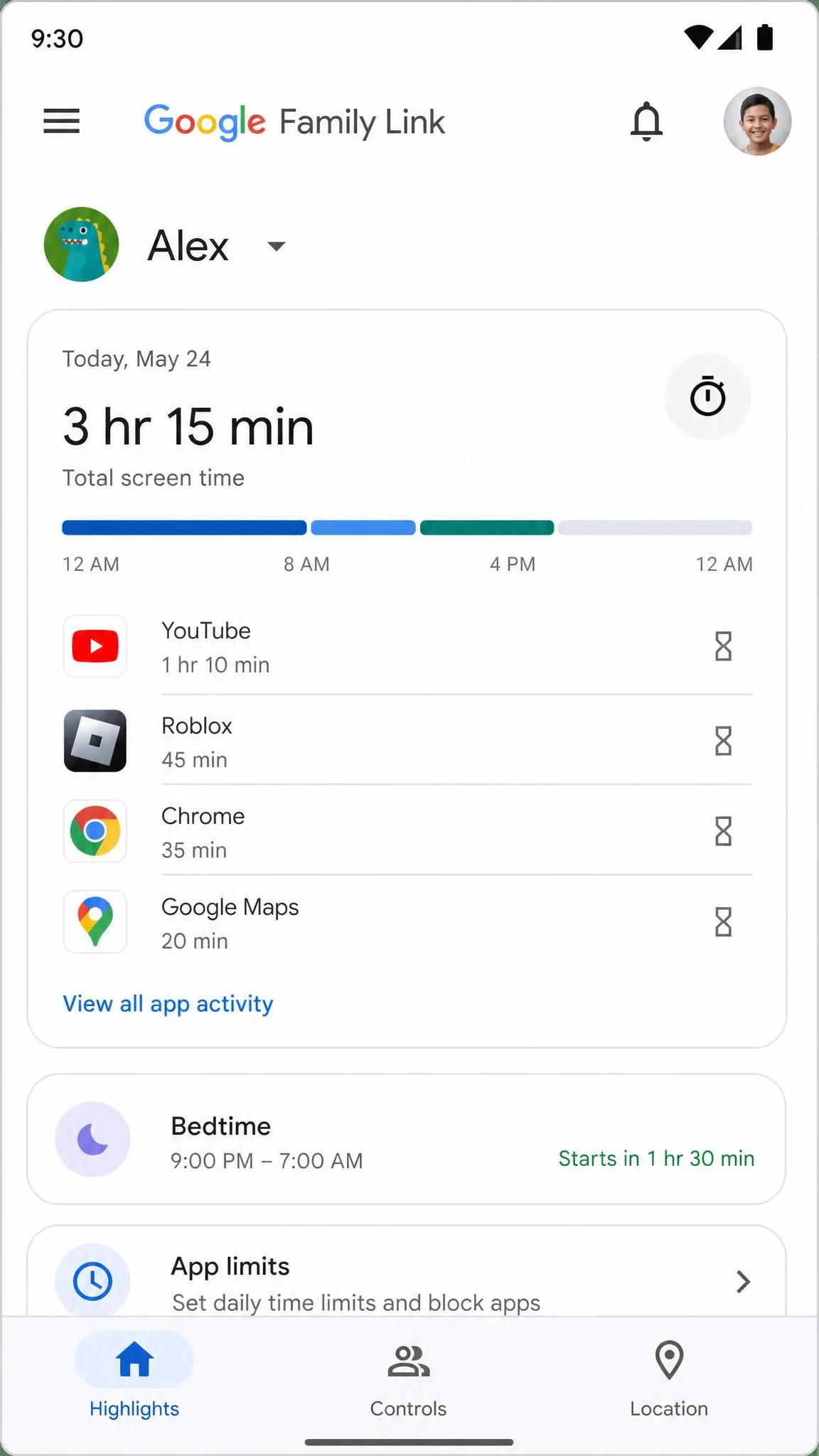The Google Family Link app's main screen showing the child's daily screen time.