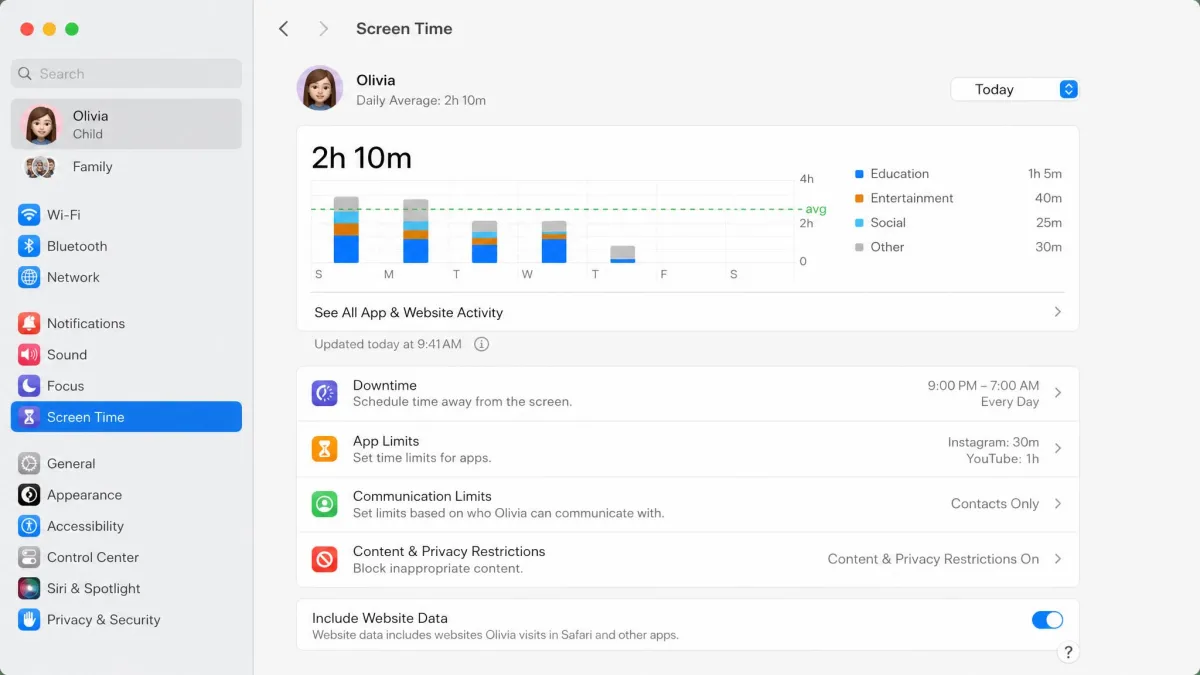 Screen Time settings in macOS System Settings for a child's account.