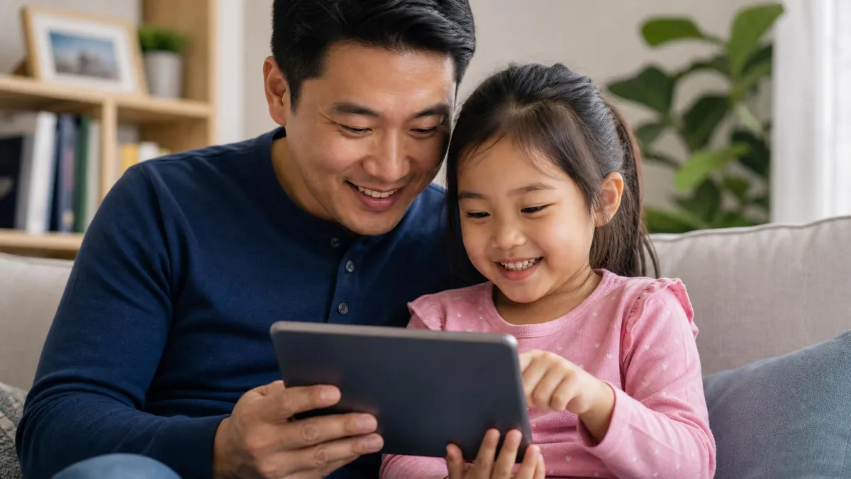 Parent and child reviewing screen time limits together on a tablet.