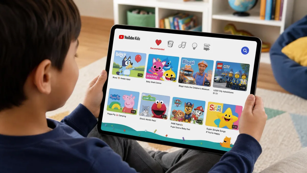 A child watching the YouTube Kids app on a tablet, with the app's colorful home feed visible and no comment, live stream, or Shorts sections on screen.