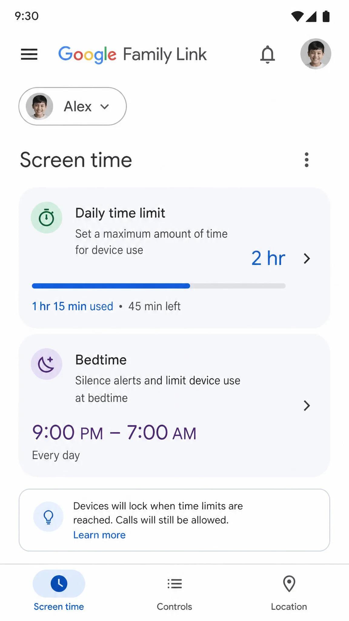 The Google Family Link app showing the Screen time section with a daily time limit set and a bedtime schedule listed underneath.