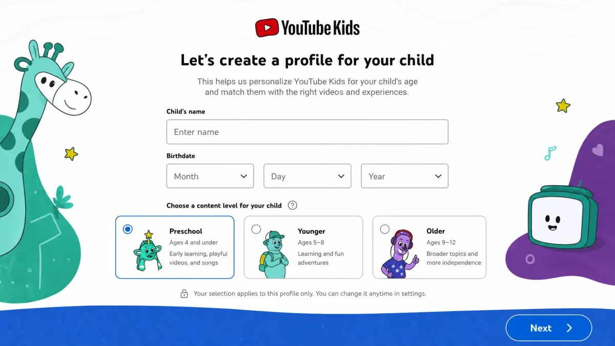 The YouTube Kids setup screen prompting a parent to create a child profile with name and birthdate fields and a content level selector below them.