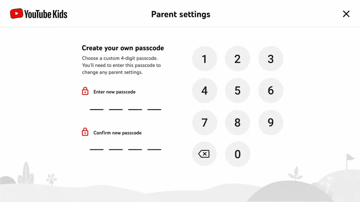 The YouTube Kids parent settings screen asking for a custom passcode, with a number pad and a confirmation field shown.