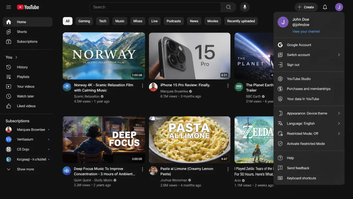 The YouTube desktop site with the profile menu open and the Activate Restricted Mode option visible in the menu.
