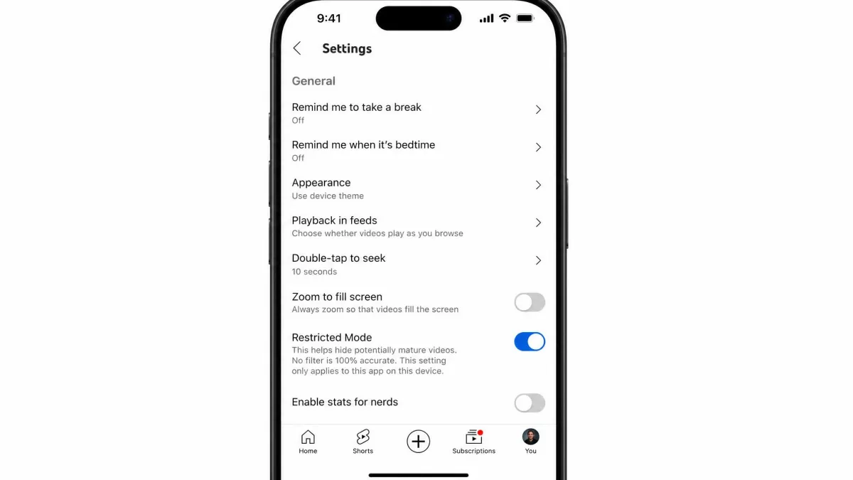 The YouTube app settings screen on a phone with the Restricted Mode toggle visible under the General section.