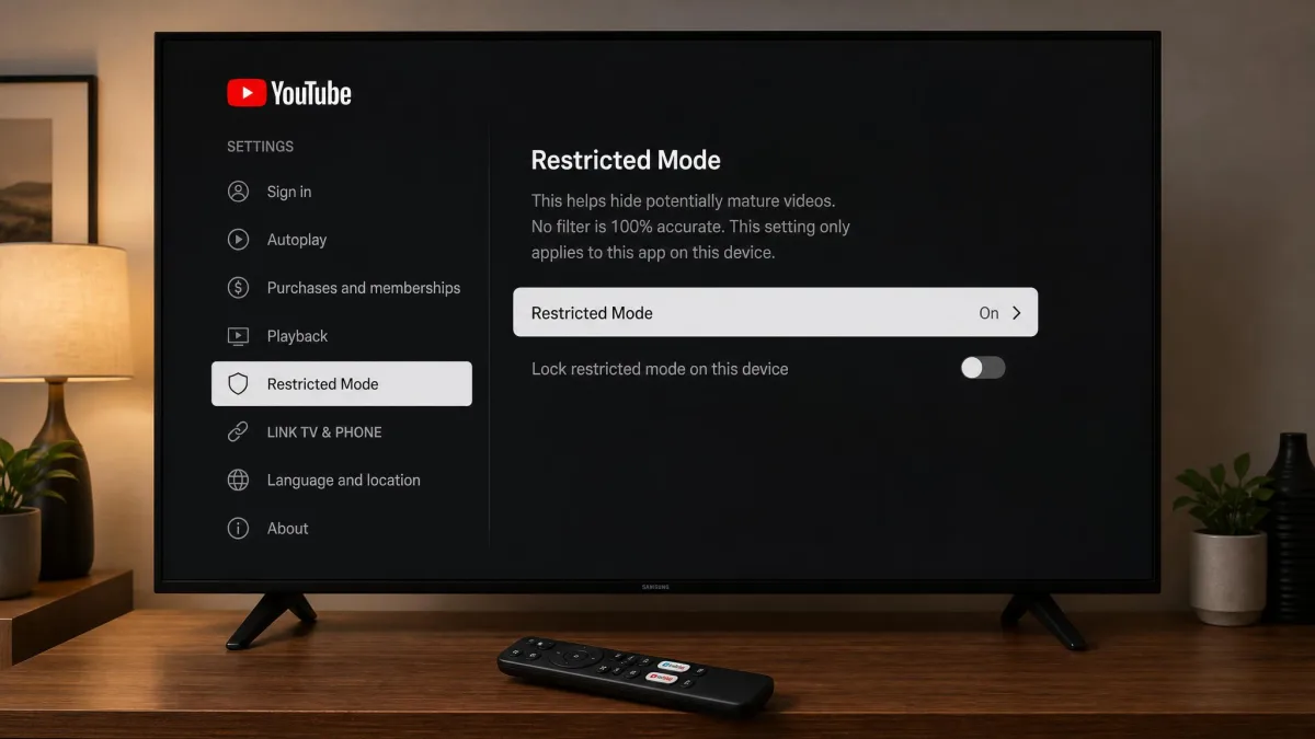 A smart TV showing the YouTube app settings with the Restricted Mode option highlighted, with a remote control resting on the table in front of the screen.