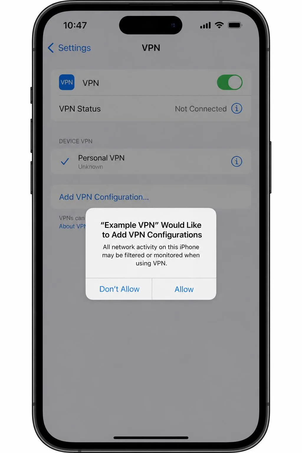 iPhone screen showing the iOS system prompt that asks the user to Allow a VPN app to add VPN configurations, with Allow and Don't Allow buttons.