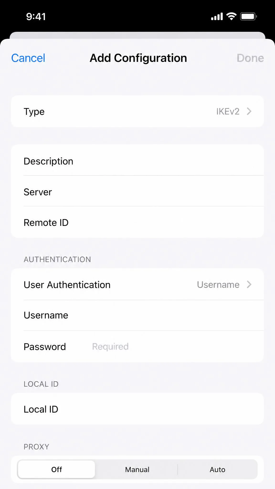 iPhone Add Configuration screen under VPN and Device Management with the Type set to IKEv2, showing empty fields for Description, Server, Remote ID, and authentication.