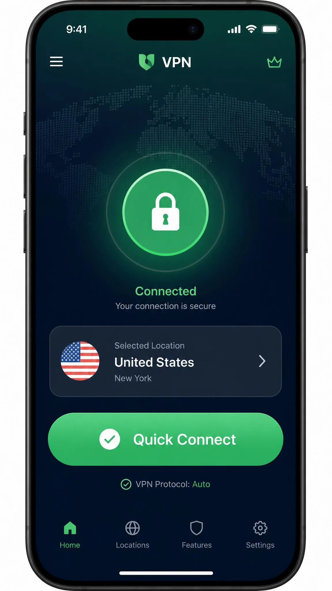 A VPN app open on an iPhone showing a large one-tap Quick Connect button in a connected state, with the selected server country listed above it.