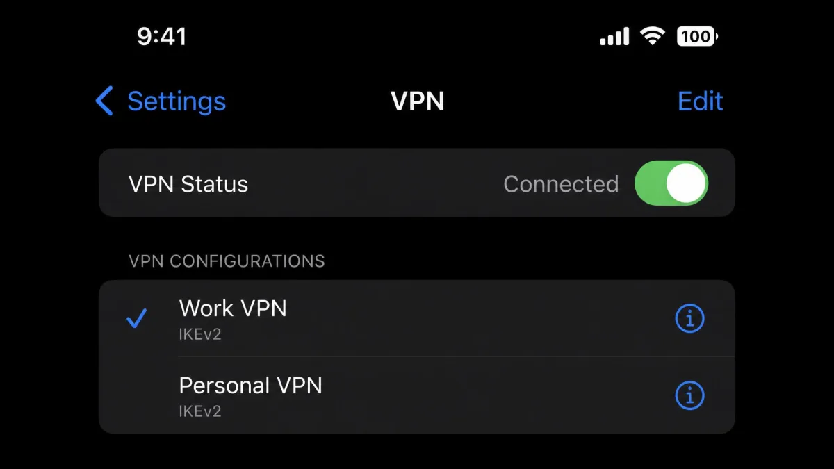 iPhone VPN settings list showing two saved configurations named Work VPN and Personal VPN, with a checkmark next to the currently active profile.
