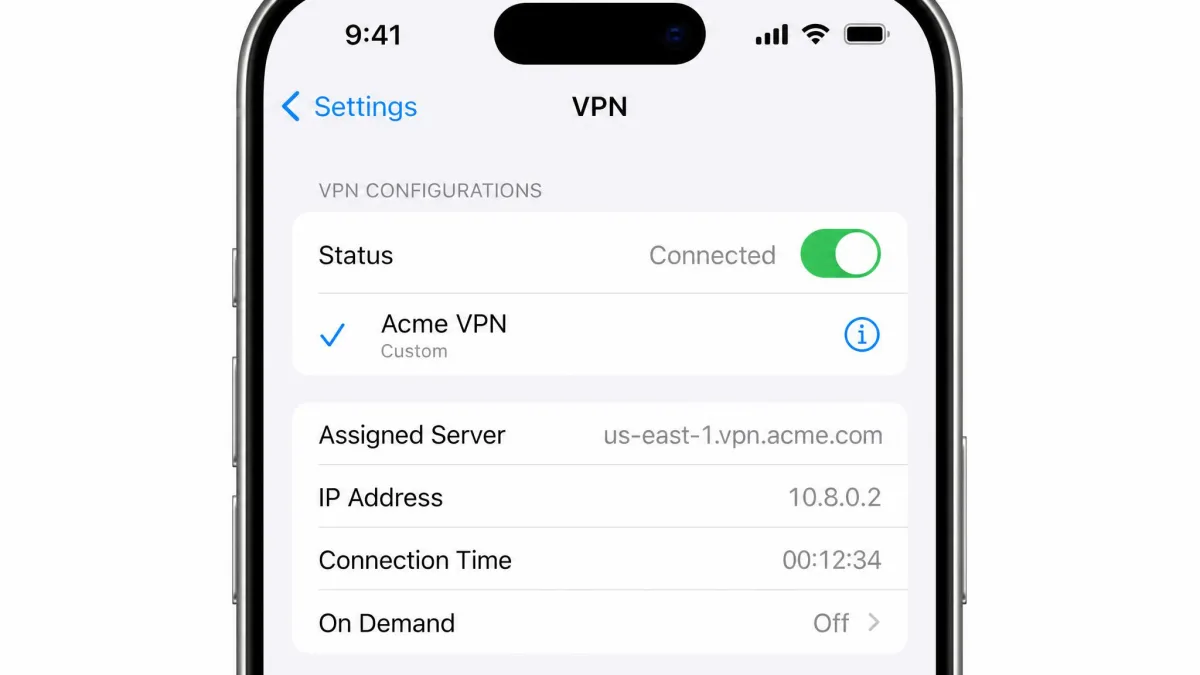 iPhone VPN screen under Settings showing a configuration with the Status switch set to Connected and the assigned server listed below it.