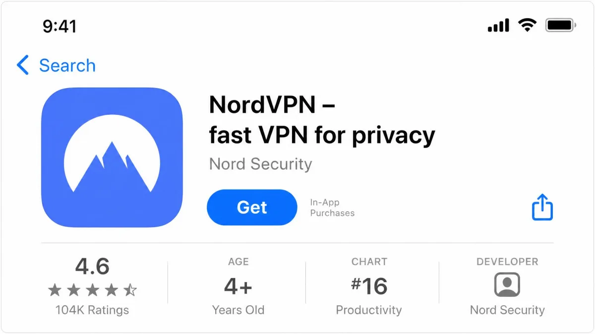 The NordVPN app listing on the iPhone App Store, showing the app icon, the developer name, the star rating, and the blue Get button.