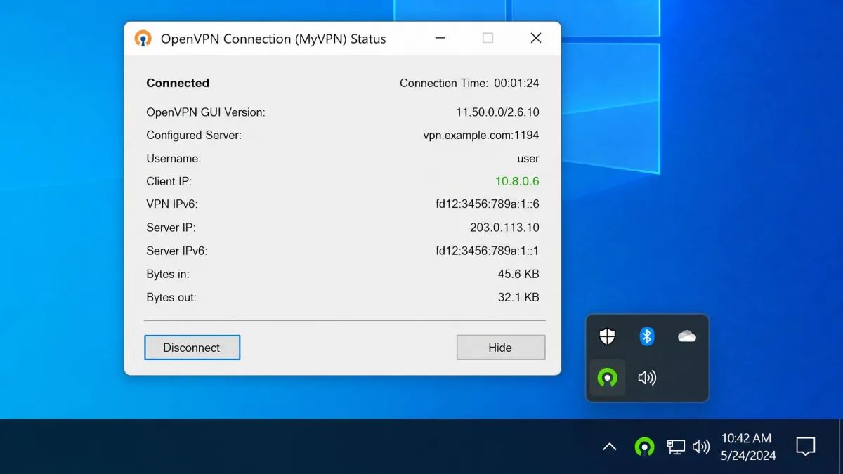 The OpenVPN GUI system tray icon on Windows showing a green connected state, with the status window listing the assigned 10.8.0.x tunnel IP address.