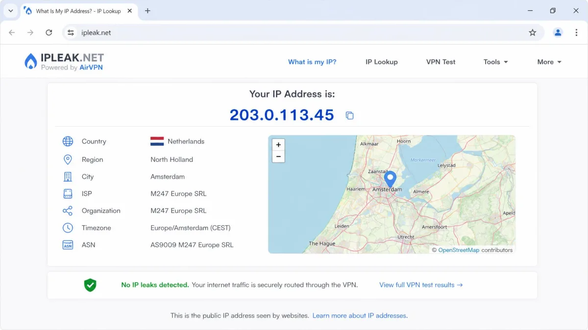 A browser open to an IP lookup site showing the OpenVPN server's public address and location instead of the client's own, confirming traffic routes through the tunnel.