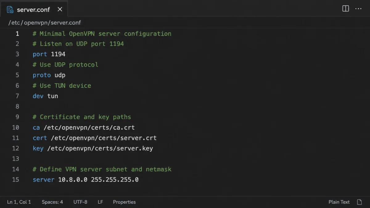 A text editor showing a minimal OpenVPN server.conf with the port, proto udp, dev tun, certificate paths, and server subnet lines visible and clearly labeled.