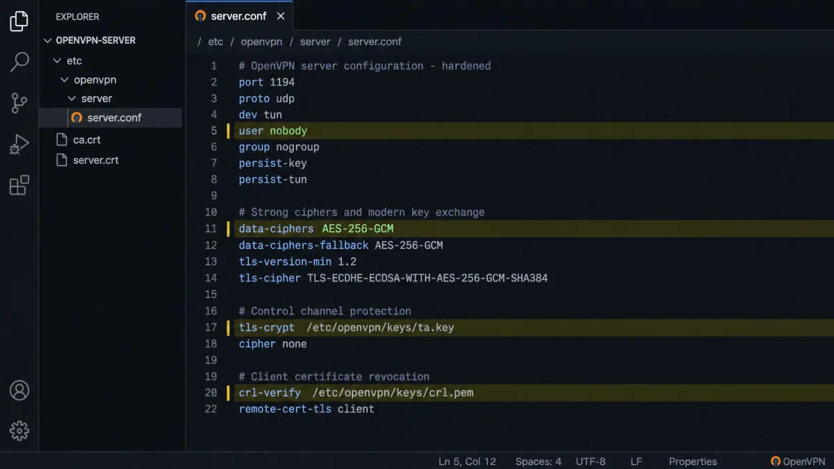 A text editor showing an OpenVPN server.conf with hardening directives highlighted, including data-ciphers AES-256-GCM, tls-crypt, user nobody, and a crl-verify line.