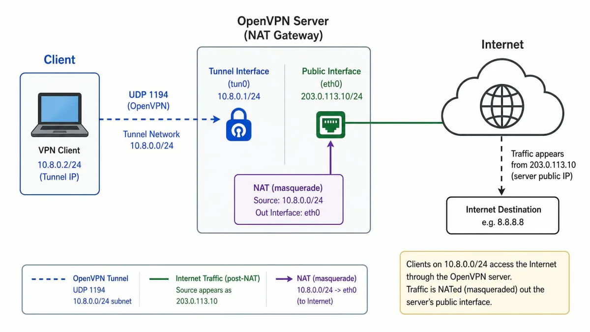 A network diagram showing a client connecting through UDP 1194 to an OpenVPN server, which then NATs the 10.8.0.0/24 tunnel subnet out to the internet through its public interface.