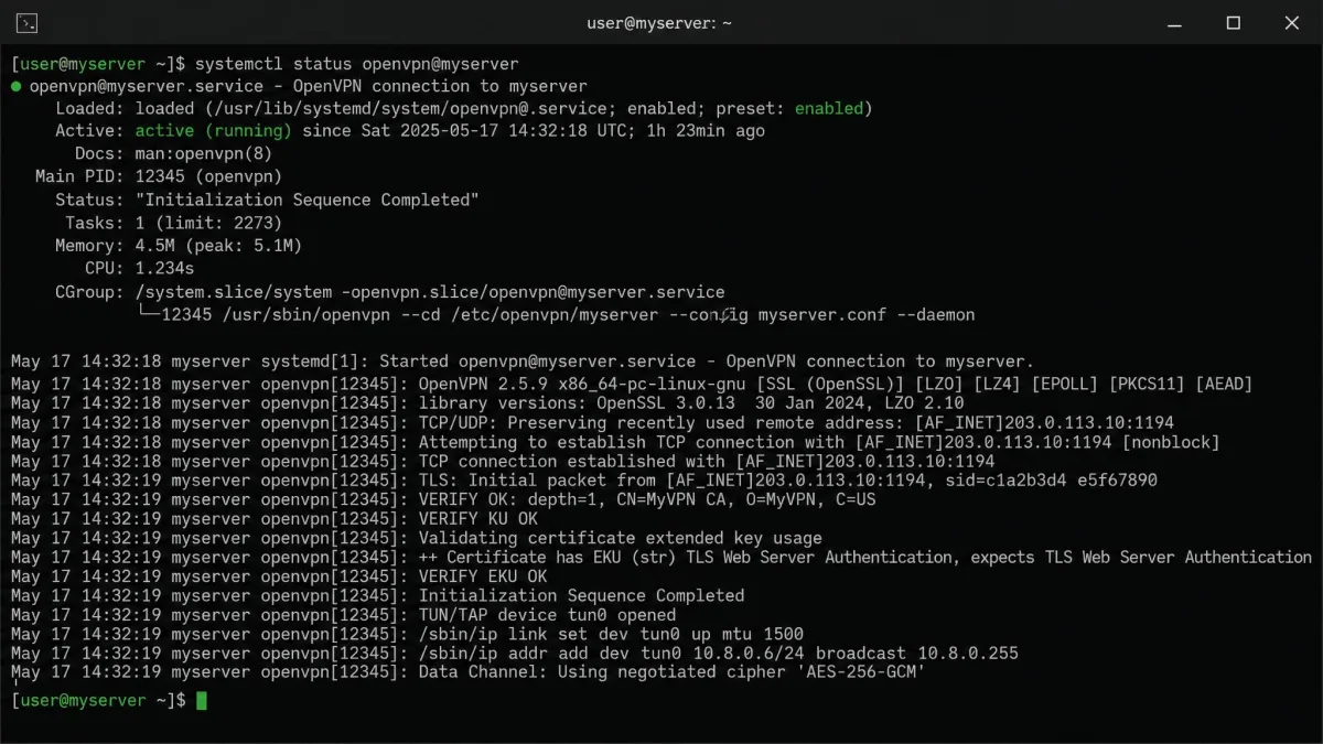 A Linux terminal showing systemctl status openvpn@myserver reporting the service as active and running, with the initialization completed line visible in the log output.