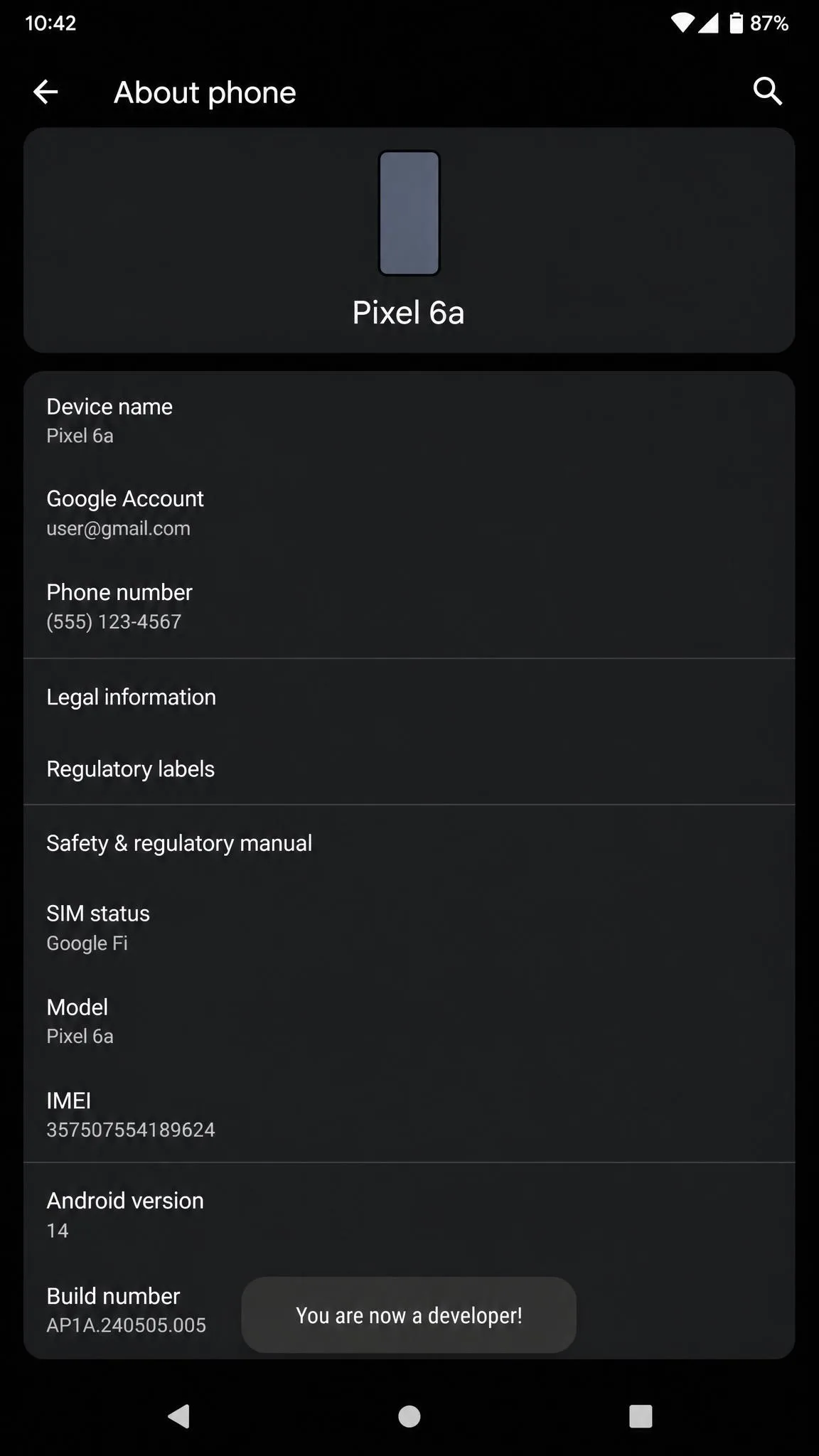 Android About phone screen showing the You are now a developer confirmation toast at the bottom after seven taps on Build number.