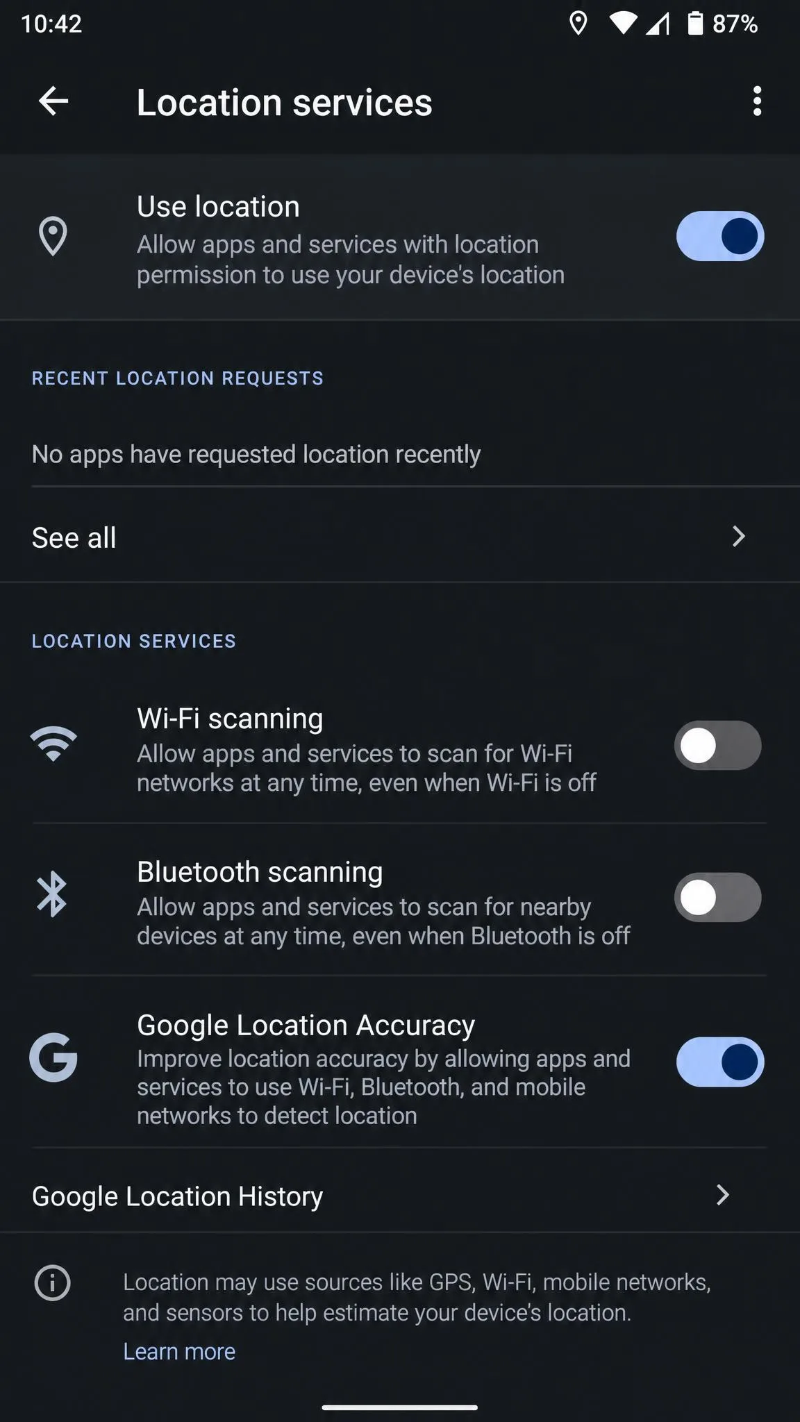 Android Location services settings screen with Wi-Fi scanning and Bluetooth scanning toggles both switched off to stop spoofed positions drifting back.