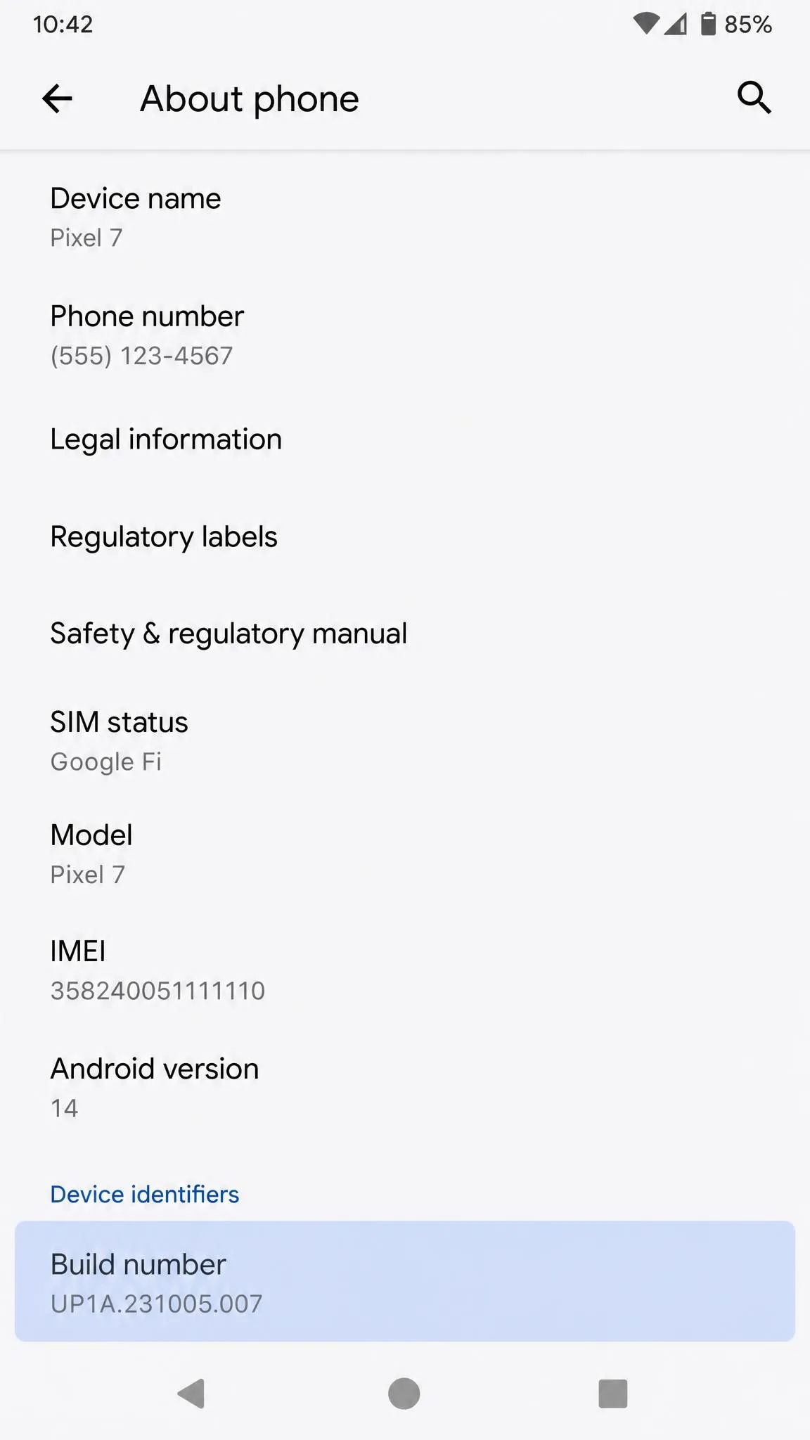Android Settings app open on the About phone screen with the Build number row highlighted at the bottom of the list, ready to be tapped repeatedly.