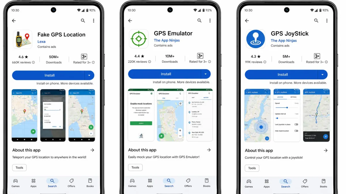 Three Android phone screens side by side showing the Play Store listings for Fake GPS Location, GPS Emulator, and GPS JoyStick with their star ratings and download counts visible.
