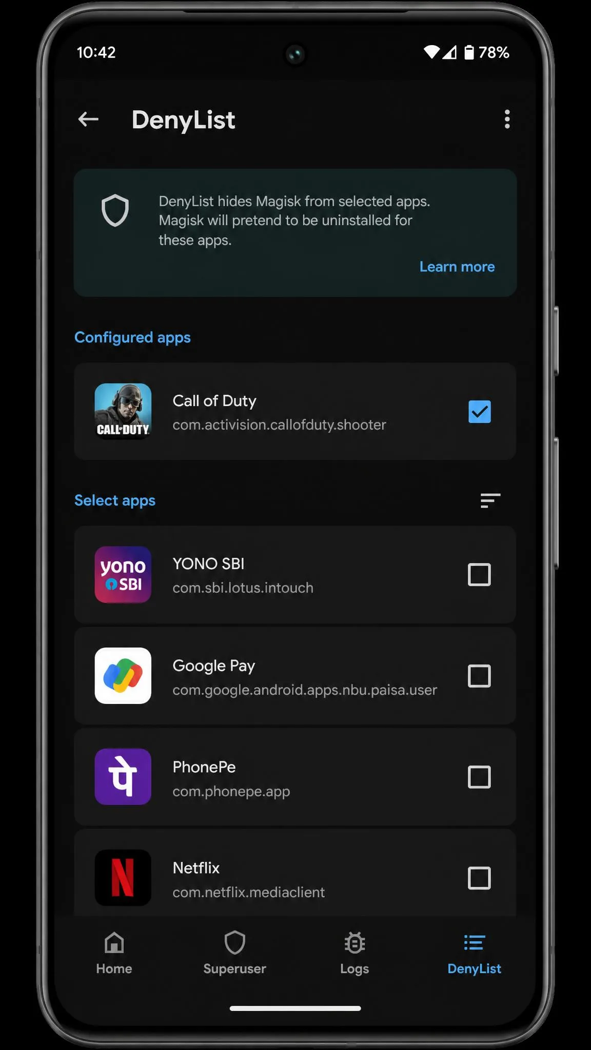 Magisk app open on the DenyList configuration screen with a game package selected, shown on a rooted Android phone.