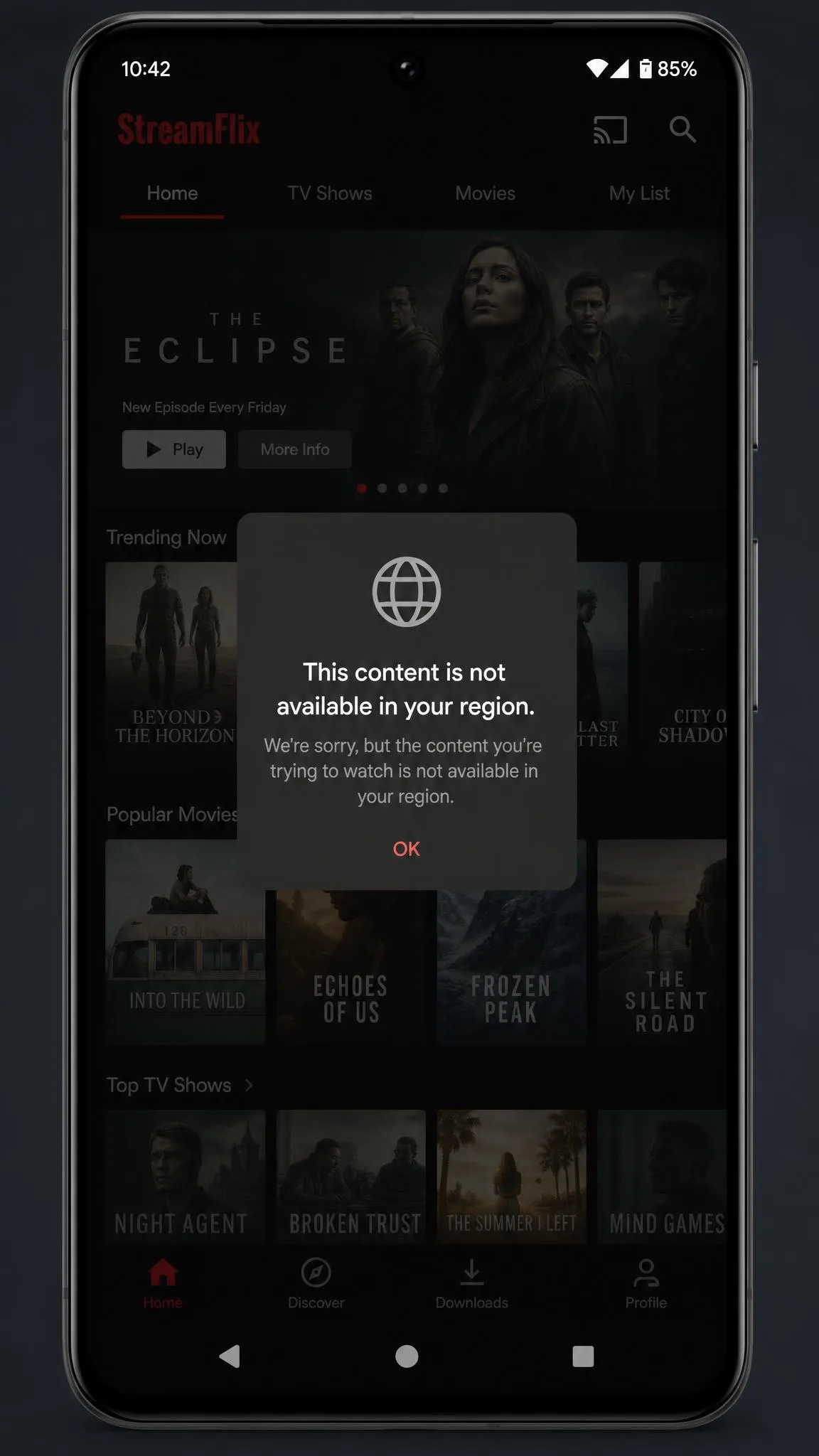 Streaming app on an Android phone displaying a this content is not available in your region error message over a greyed out catalogue.