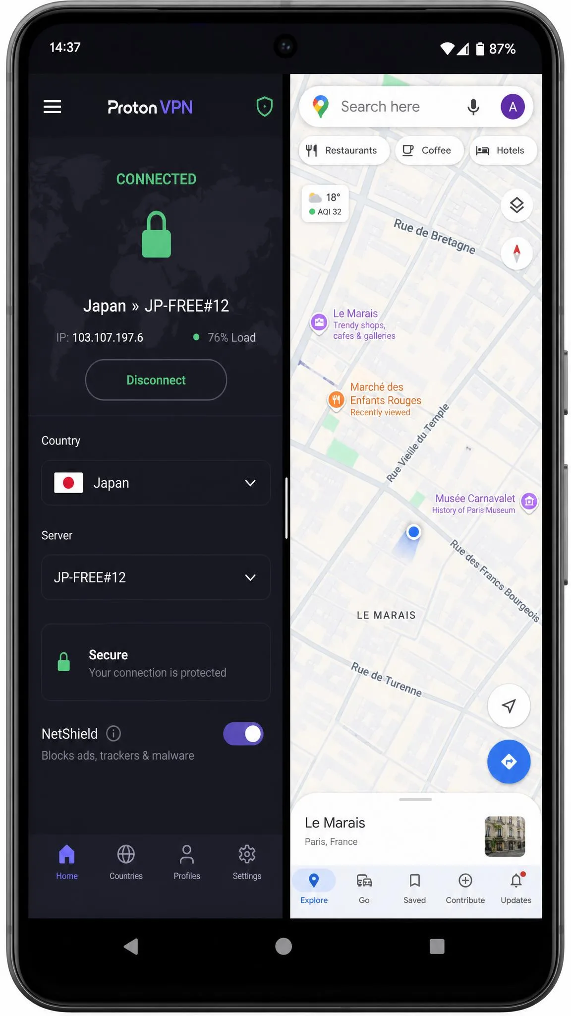 Split-screen Android phone showing a VPN app connected to a Japanese server on one side and Google Maps still centered on a European street on the other, illustrating the IP and GPS mismatch.