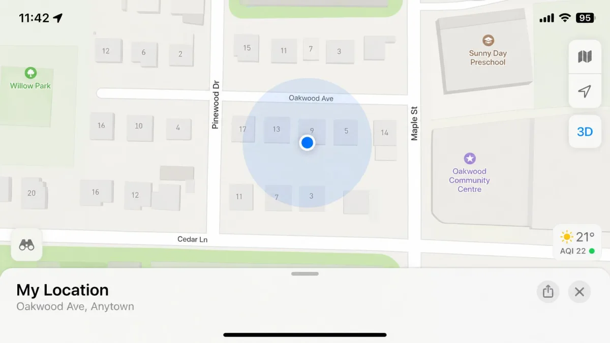 Apple Maps on an iPhone recentred on the users genuine street address with the blue location dot and accuracy circle visible after a spoofing session was ended.