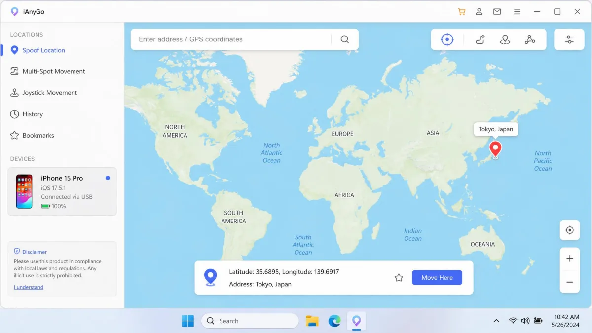 A desktop location spoofing app on Windows showing a world map with a pin dropped on Tokyo, the connected iPhone listed in the sidebar, and a coordinate search box at the top.