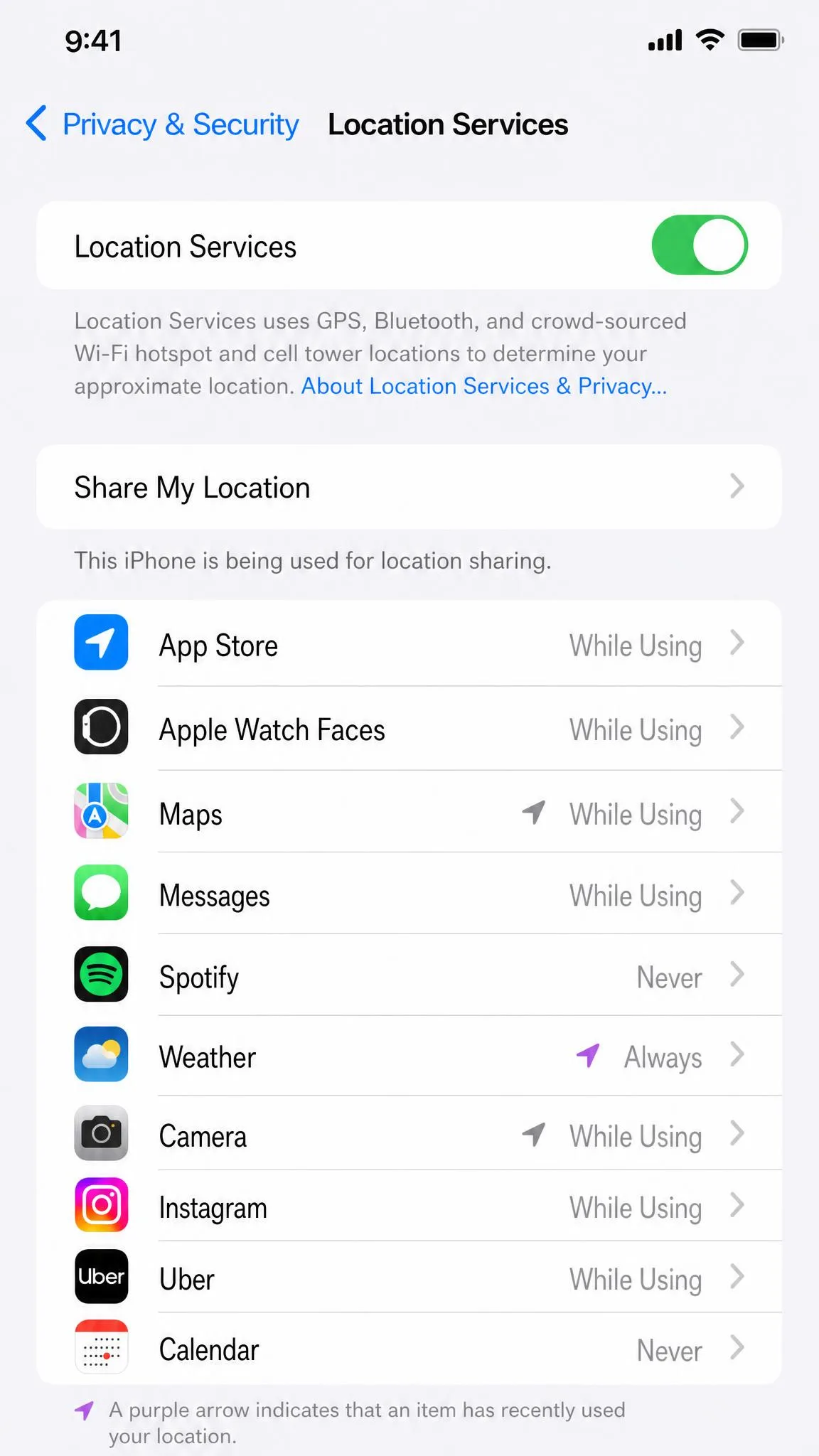 An iPhone Settings screen open on Privacy and Security, Location Services, showing the master toggle enabled and a list of installed apps with their individual location permissions.