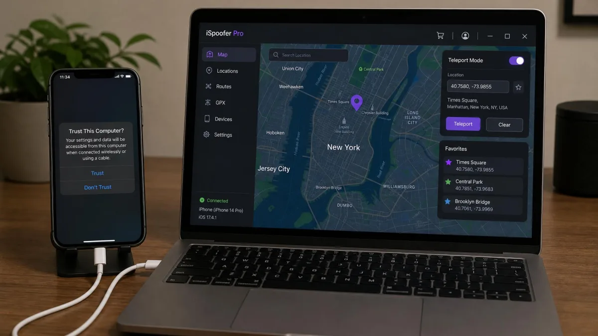An iPhone connected by a white USB cable to a laptop on a desk, with a spoofing app open on the laptop screen showing a map and the phone displaying a Trust This Computer prompt.