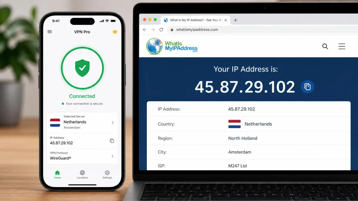 A VPN app on an iPhone showing a connected status with a server in the Netherlands selected, alongside a browser tab reporting the new IP address country.