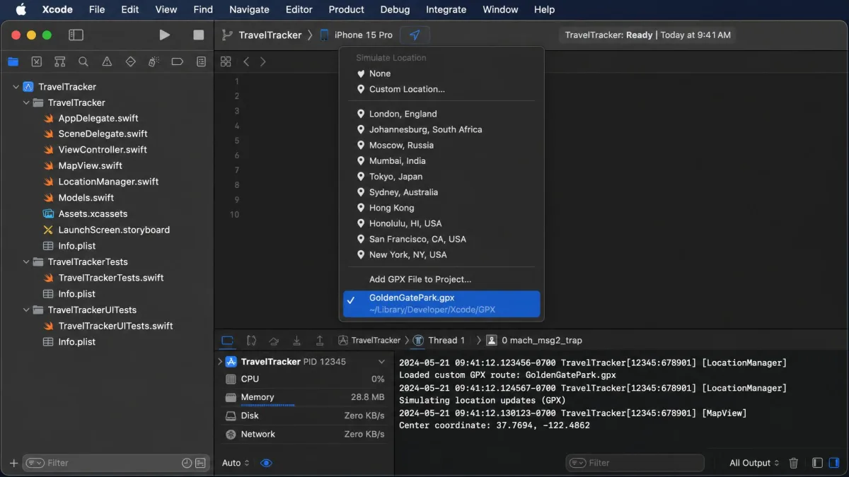 The Xcode debug area on a Mac with the location arrow menu open, showing a list of preset cities and a custom GPX location selected for a connected iPhone.