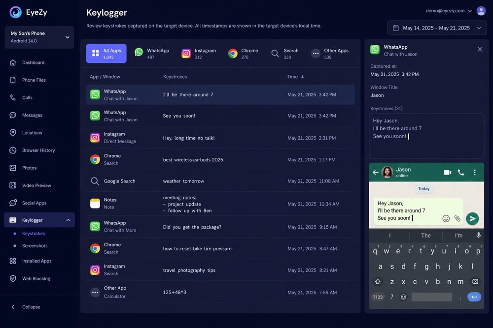 EyeZy keylogger panel listing captured keystrokes grouped by app, each line timestamped, with a messaging draft visible.