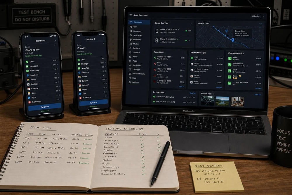 A testing bench with two iPhones and a MacBook showing several spy-app dashboards, beside a notebook listing sync times and feature checkmarks.