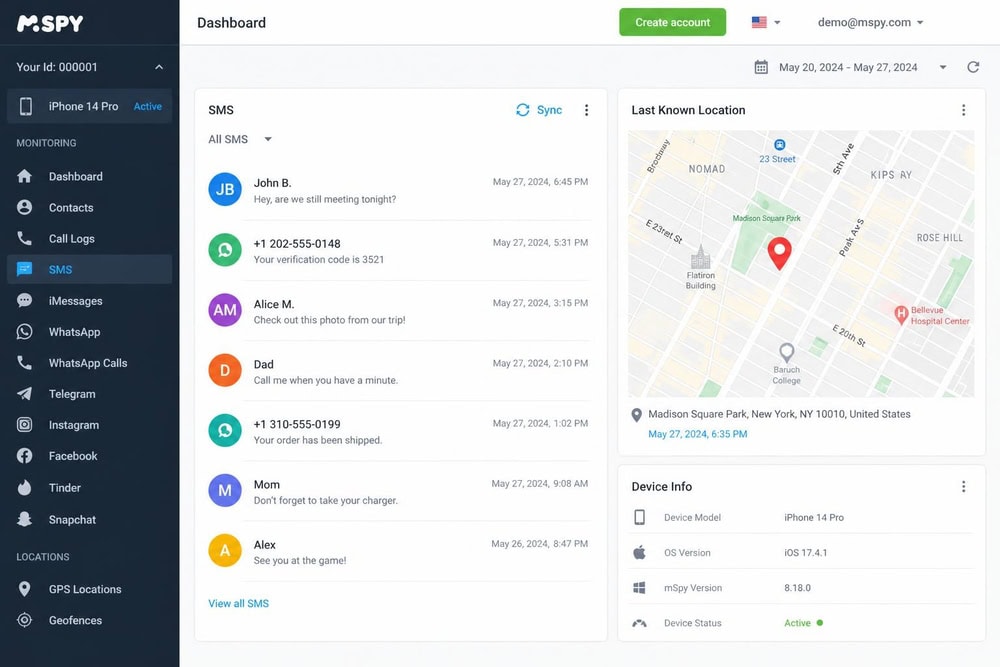 The mSpy web dashboard showing an iPhone's recent SMS messages, a location map with a dropped pin, and a menu listing WhatsApp and call logs.