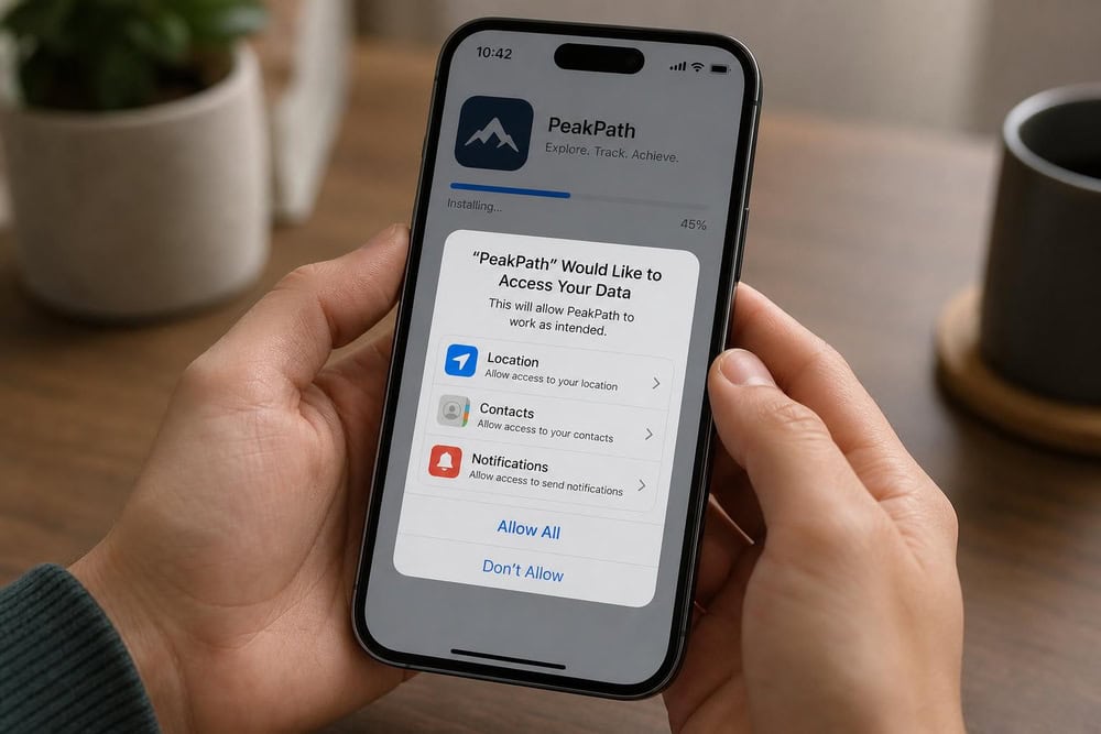 Hands holding an unlocked iPhone during an app install, with a permissions prompt requesting location, contacts, and notifications access.