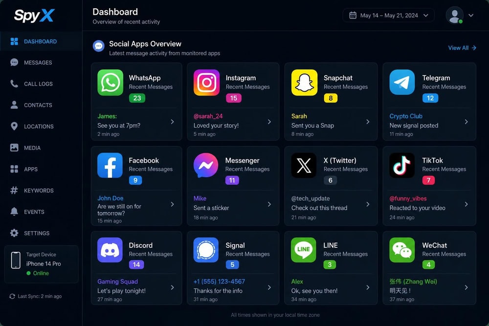 SpyX dashboard tile grid of WhatsApp, Instagram, Snapchat, Telegram and other social-app icons, each with a recent-message count badge.