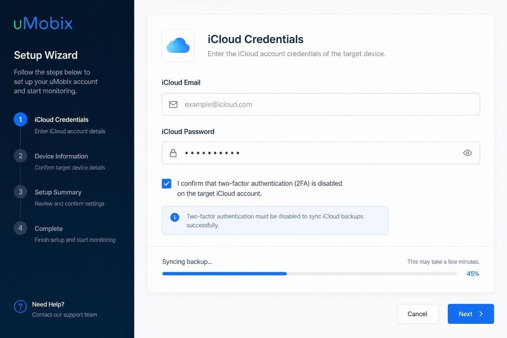 uMobix setup wizard prompting for iCloud email and password with a checkbox confirming two-factor authentication is disabled and a "Syncing backup" status bar.