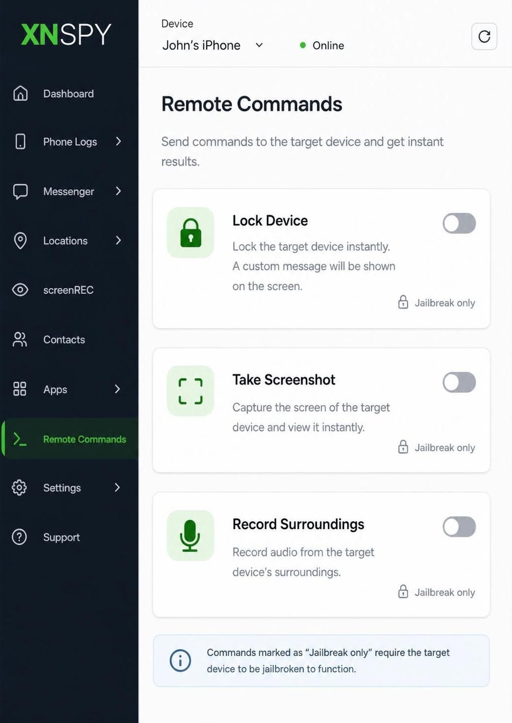 XNSPY remote-commands panel listing lock device, take screenshot, and record surroundings, with toggles marking the jailbreak-only ones.